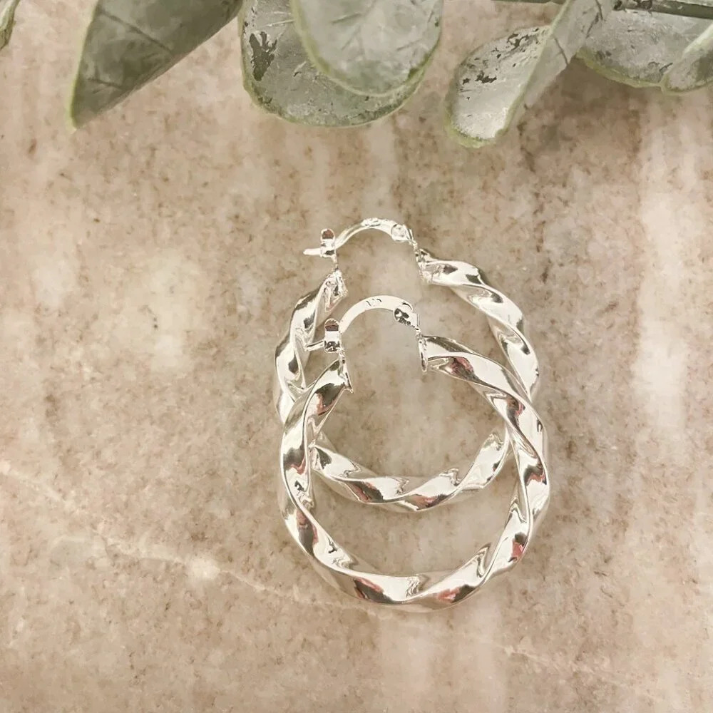 925 Sterling Silver Chunky Hoop Earrings Small Hoops Twist Spiral Hoop Earrings - Picture 2 of 6